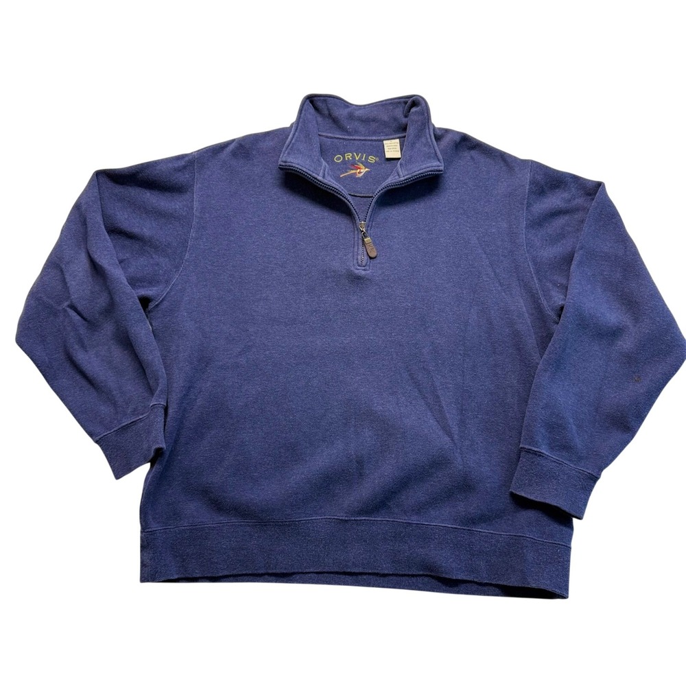 Orvis Quarter Zip Pullover Men Large Blue Excellent Cotton Fly Fishing Logo 70HX